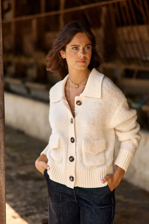 Pulls & Gilets-Lauren Vidal GILET BOUCLETTE MANON Creme