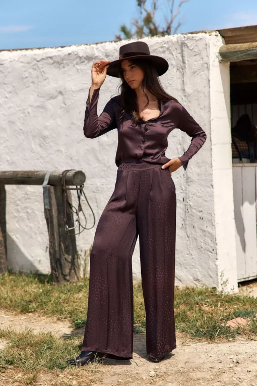 Pantalons-Lauren Vidal PANTALON LARGE EN VISCOSE JACQUARD WILLY Raisin