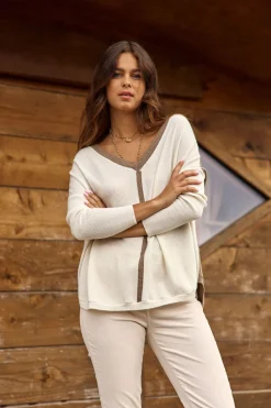 Pulls & Gilets-Lauren Vidal Pull Bicolore Keyla Ecru