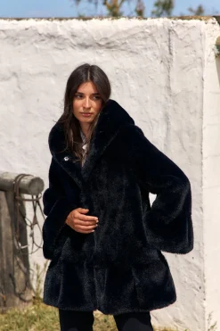 Vestes & Manteaux-Lauren Vidal VESTE À  CAPUCHE EN FAUSSE FOURRURE LINA Noir