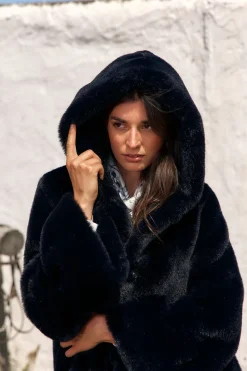 Vestes & Manteaux-Lauren Vidal VESTE À  CAPUCHE EN FAUSSE FOURRURE LINA Noir